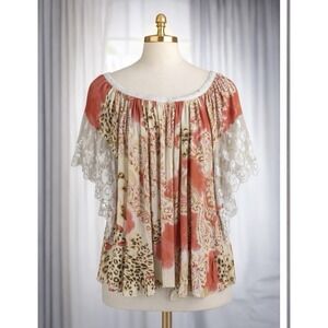 Bila Popover Top Boho Peasant Women's 3x Orange Cream Lace Patchwork Flowy